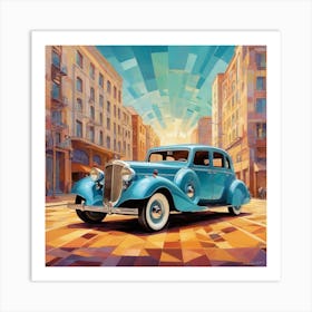 Blue Car In The City Art Print