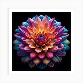 Vibrant Multicolored Dahlia Flower On Black Background Art Print