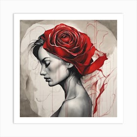 Enveloped in Crimson A Minimalist Fusion of Woman and Rose 5 Art Print