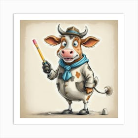 Cartoon Cow Holding Pencil Art Print