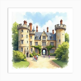 Watercolor View Of An English Castle Courtyard With Visitors And Tour Guides 1 Art Print