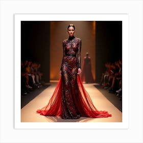 Red Gown At Paris Fashion Week Art Print