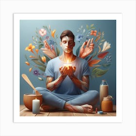 Man Meditating With Flowers Art Print