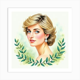 Watercolor Portrait Of Princess Diana Surrounded By Soft Greens 1 Art Print