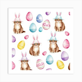 Seamless Pattern With Cats In Easter Bunny Hats, With Easter Eggs Scattered Around, Watercolor Illustration Poster