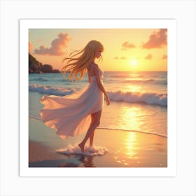 Anime Girl Walking On The Beach Art Print