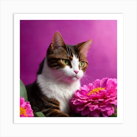 Cat With Flowers Pink and Fuchsia Art Print