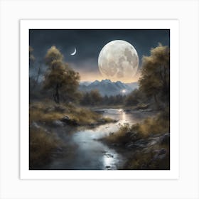 Full Moon Over The River Art Print