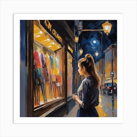 Photo Beautiful Young Woman Looking At The Shop Window At Night 2 Art Print