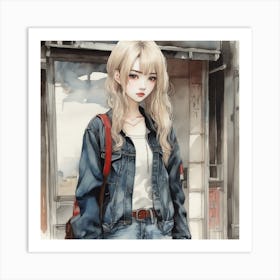 Anime Girl In Denim Jacket Art Print