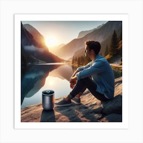 Man Sitting On A Rock Next To A Lake Art Print