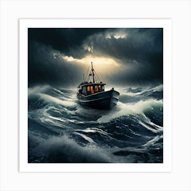 Stormy Sea, A Small Boat Braving A Stormy Sea Symbolizing Courage In Adversity 4 Art Print