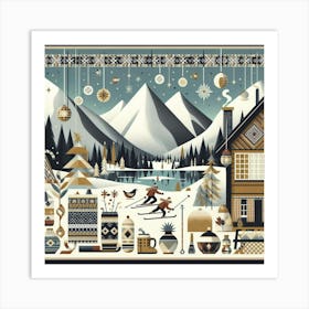 Scandinavian style, Mountains and snow and skiers 1 Art Print