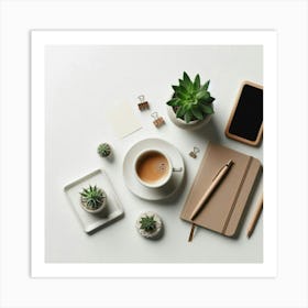 Coffee, Notebook, Phone And Plants Art Print