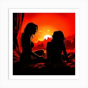 Two Women Sitting On A Bed Art Print