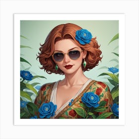 Woman In Sunglasses And Blue Flowers Art Print