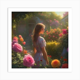 Girl In A Rose Garden Art Print