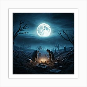 Gothic Style Illustration Skeletal Hands Breaking Through The Soil Full Moon Casting An Eerie Glow (1) 2 Art Print