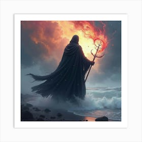 Black Magic Sorcerer Against A Swirling Watercolor Storm 1 Art Print