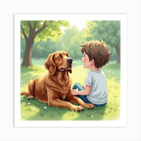 A Gentle Irish Setter Relaxing With A Teenager In A Sunny Park, Watercolor 1 Art Print