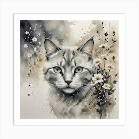 Cat With Daisies Art Print