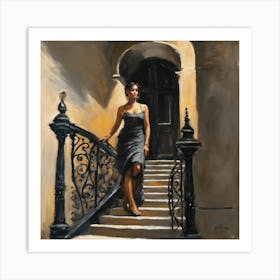 Evening Elegance: A Graceful Descent on Timeless Stairs Art Print