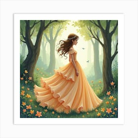 Charming Woman In Watercolor Gown, Whimsical Forest Scene 1 Art Print