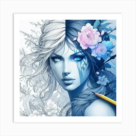 Girl With Blue Hair And Flowers Art Print