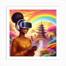 Woman wearing a VR headset in a Shangri-La Art Print