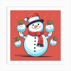 Snowman Holding Christmas Balls Art Print