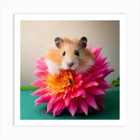 Firefly Cute, Hamster, Pink Dahlia, Bright Colors, Neutral Background, Adorable, Charming, Vibrant, (11) Art Print