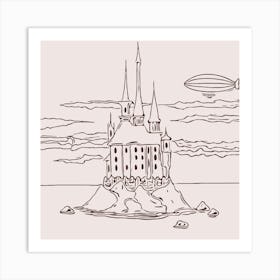 Castle Nature Outlines Ink Clouds Landscape Fantastic Fairy Tale Art Print