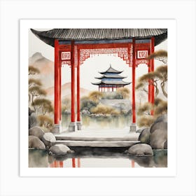 Chinese Temple Landscape Painting (17) Art Print