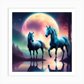 Two Horses In The Moonlight Art Print