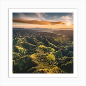 Aerial View Of Green Hills At Sunset 1 Art Print