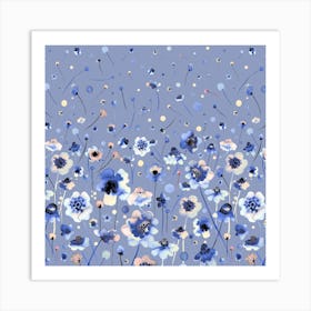 Ink Soft Flowers Blue Degrade Square Art Print
