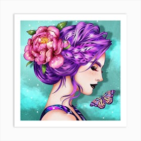 Girl With Purple Hair And A Butterfly Art Print