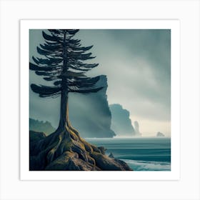 A Cypress Tree Growing On Ocean Cliff Side Outcr Art Print