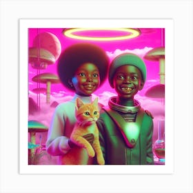 Two Kids And A Cat Art Print