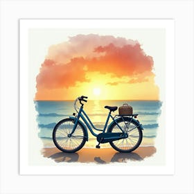 Cruiser Bike By A Peaceful Beach Sunset Watercolor Art 1 Art Print