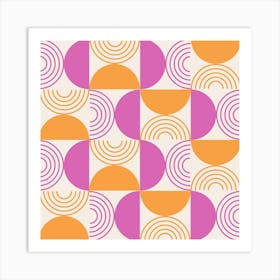Mid Century Geometric Lines and Half Circles in Pink and Orange Art Print