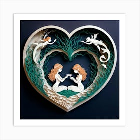 Mermaids In A Heart Art Print