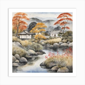Japanese Landscape Painting Sumi E Drawing (26) Art Print