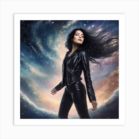 Create A Cinematic Scene Where A Mysterious Woman In A Black Leather Jacket Floats Gracefully Through The Cosmos, Surrounded By Swirling Clouds Of Stars And Galaxies 1 Art Print