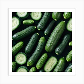 Cucumbers On Black Background Art Print