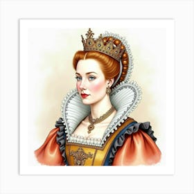 Queen Elizabeth I In Watercolor, Adorned With Golden Embroidery, Elegant 1 Art Print