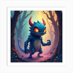 Monster In A Colorful Watercolor Environment, Surrounded By Dark Magic 1 Art Print