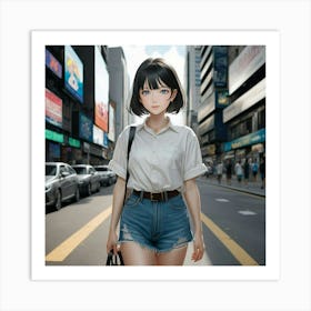 Anime Girl In Denim Shorts 1 Art Print