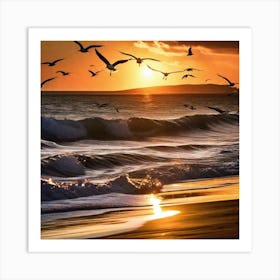 Seagulls At Sunset Art Print