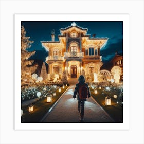 Night walk by a boy near villa Art Print